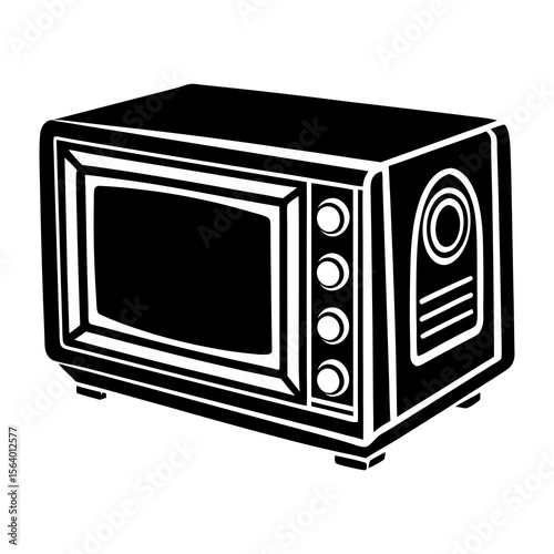 Simple black and white illustration of a vintage microwave oven with a glass door and control knobs on a white background