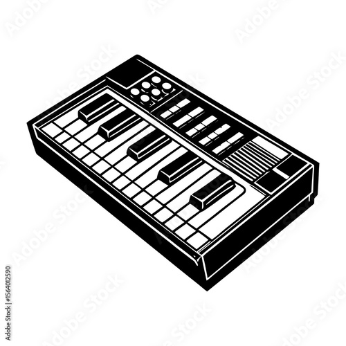 A black and white illustration of a compact electronic keyboard with piano keys and control knobs presented in a clean isometric perspective against a white background