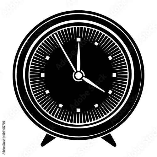 A classic black and white illustration of a round analog alarm clock with two bells on top and two legs isolated on a white background