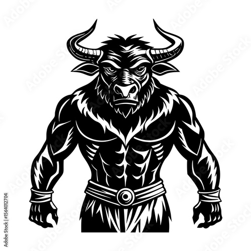 Powerful minotaur warrior illustration with muscular body and fierce expression mythological creature mascot design