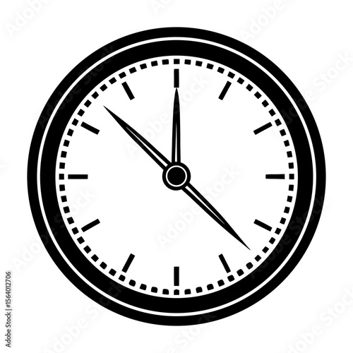 A simple black and white graphic illustration of a clock face with hands pointing to a specific time symbolizing punctuality and the passage of time