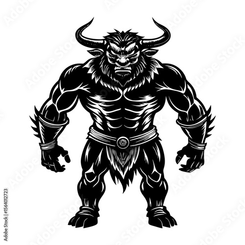 Mythical minotaur illustration with muscular body and horns, Black and white drawing of a fierce minotaur standing upright, showcasing a muscular physique, horns, and fantasy warrior elements.
