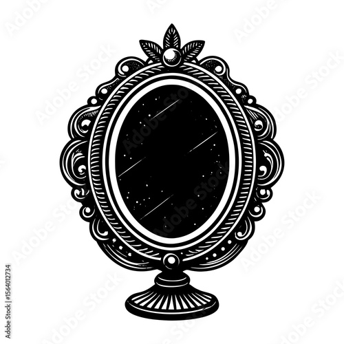 An ornate black and white oval vanity mirror with a decorative carved frame and a pedestal base isolated on a white background evoking vintage elegance and mystery