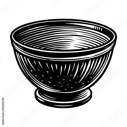 Vintage empty bowl illustration in black and white, Black and white line art of a round bowl with a decorative base, symbolizing kitchenware, food serving, and traditional design.

