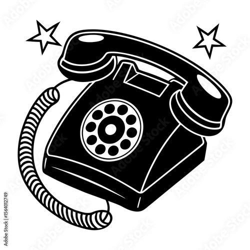 Vintage rotary telephone illustration with ringing effect, Black and white drawing of a classic rotary dial telephone with coiled cord and stars, symbolizing communication and retro technology.
