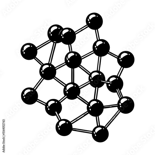 Stylized black and white illustration of a complex molecular structure with a central grid and radiating atoms or nodes representing science chemistry and data