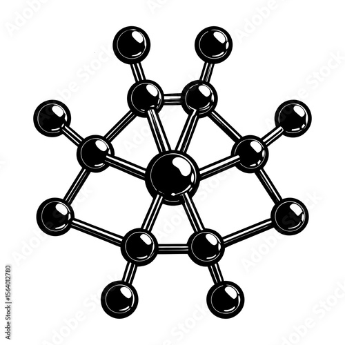 Stylized black and white illustration of a complex molecular structure with a central grid and radiating atoms or nodes representing science chemistry and data
