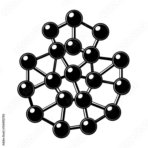 Stylized black and white illustration of a complex molecular structure with a central grid and radiating atoms or nodes representing science chemistry and data