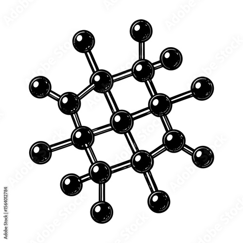 Stylized black and white illustration of a complex molecular structure with a central grid and radiating atoms or nodes representing science chemistry and data