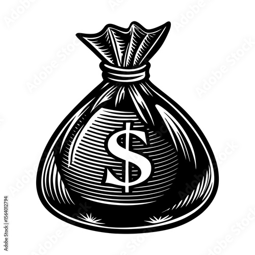 A black and white woodcut style illustration of a money bag with a dollar sign prominently displayed on its side symbolizing wealth and financial gain