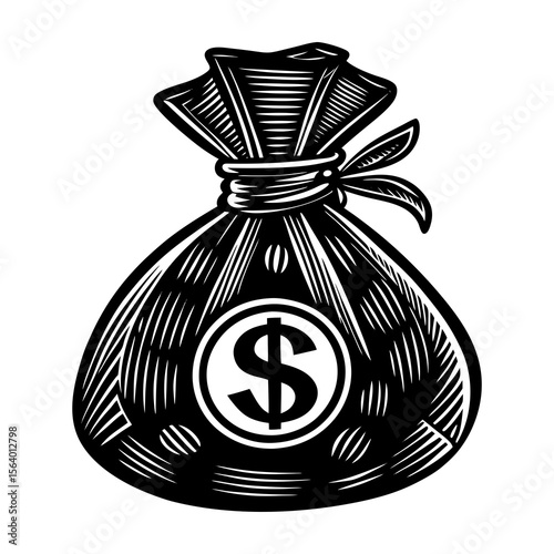 A black and white woodcut style illustration of a tied money bag with a dollar sign emblem symbolizing wealth and financial gain