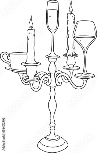 illustration featuring a decorative candelabra holding lit candles, a teacup, a champagne flute, and a wine glass. This versatile image evokes themes of elegance, celebration, dining.