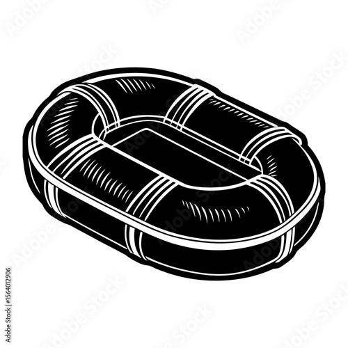 A bold black and white illustration of an inflatable raft or dinghy isolated on a white background perfect for adventure and water sports themes