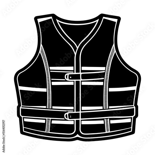 Black and white illustration of a life jacket with straps and buckles representing water safety and outdoor recreation activities
