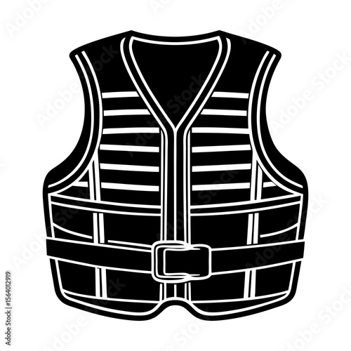 Black and white graphic illustration of a life vest with horizontal straps and a buckle isolated on a white background symbolizing water safety and protection