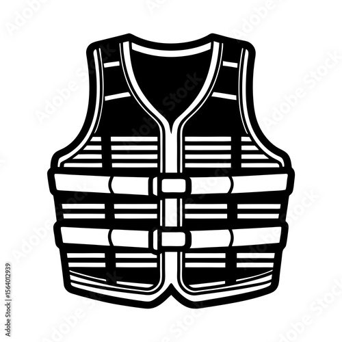 Black and white graphic icon of a life jacket or personal flotation device with straps and buckles on a white background