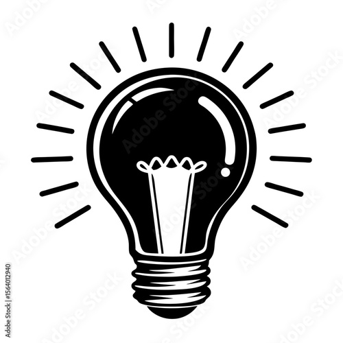 A stylized black and white graphic illustration of a classic incandescent light bulb emitting rays of light symbolizing a bright idea or innovation