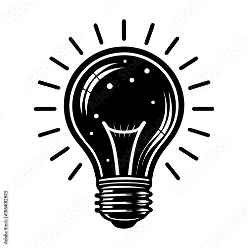 A bold black and white illustration of a classic incandescent light bulb emitting rays of light symbolizing innovation and bright ideas
