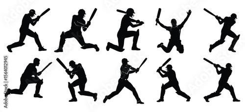 A versatile set of black vector silhouettes featuring cricket batsmen in various dynamic batting poses, ideal for sports illustrations.