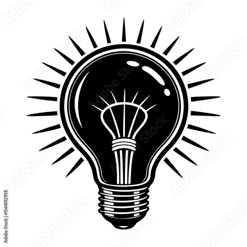 A striking black and white graphic illustration of a classic incandescent light bulb with radiating lines symbolizing illumination and creative thought