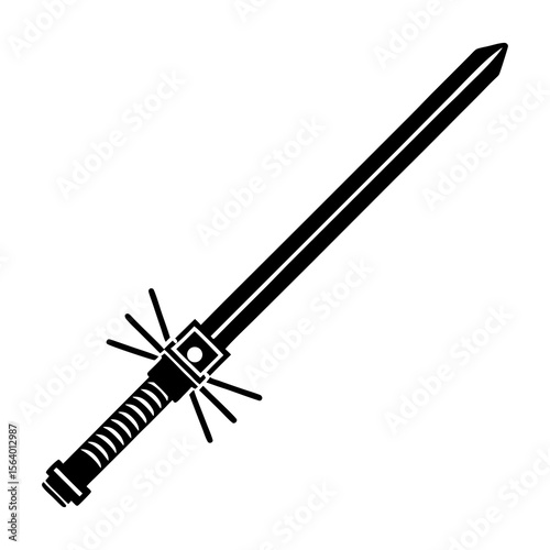 A stylized black silhouette of a futuristic sword with a detailed hilt and a double edged blade isolated on a white background