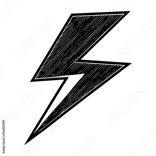 A bold hand drawn black lightning bolt symbol with a textured hatching fill against a clean white background representing energy and power