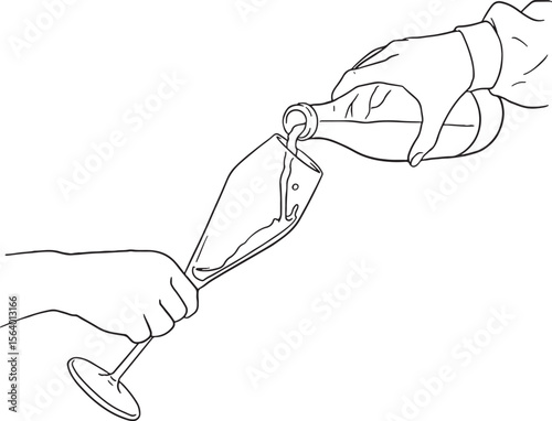 vector art showcasing hands pouring a bubbly beverage from a bottle into a slender champagne glass. Perfect for illustrating service, celebration, and fine dining concepts. Use for menus.