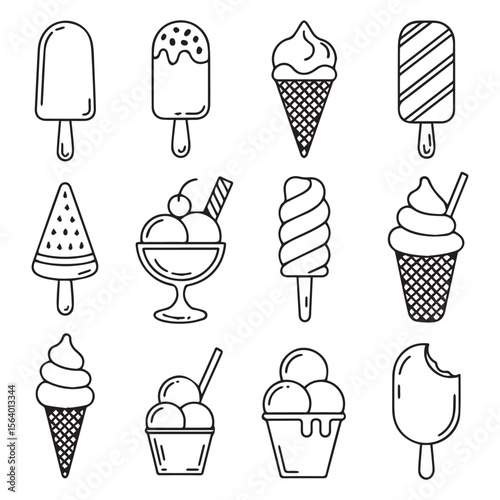 A charming assortment of ice cream and popsicle icons isolated on white background, rendered in a clean and simple line art style