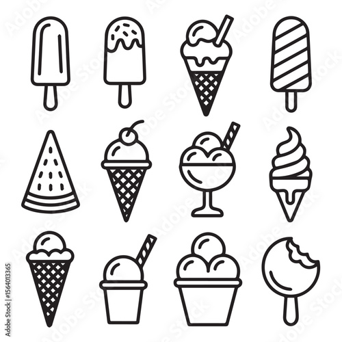 A delightful collection of ice cream and popsicle icons isolated on white background, presented in a minimalist black and white line drawing
