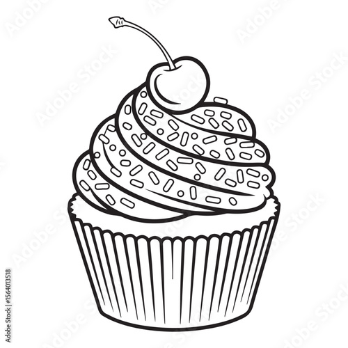 A delightful cupcake with creamy icing, colorful sprinkles, and a bright red cherry isolated on white background
