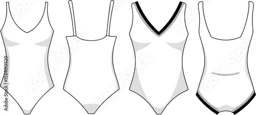 One-piece swimsuits with V-neck and scoop styles – fashion flat sketch collection for swimwear design