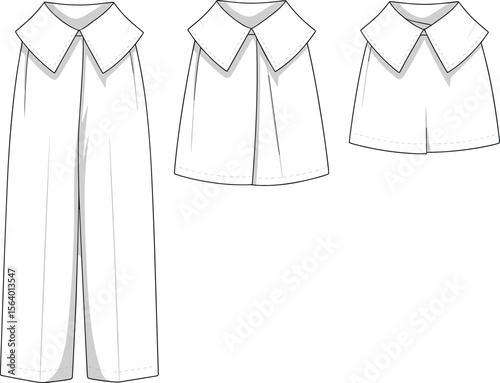 Wide-leg jumpsuit with oversized pointed collar – fashion flat sketch for modern apparel design