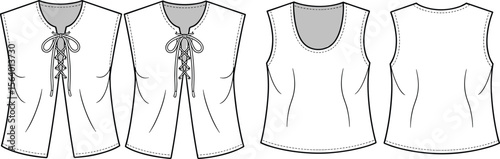 Sleeveless lace-up vest and scoop neck top – fashion flat sketches front and back