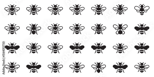 Pattern of Symmetrical Bee Illustrations Displaying a Variety of Wing and Body Designs Against a Clean White Background Decorative Insect Artwork