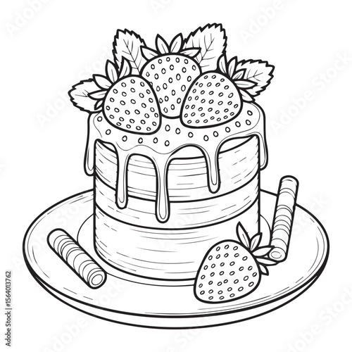 A decadent layered cake with strawberries, chocolate drizzle, and wafer sticks isolated on white background
