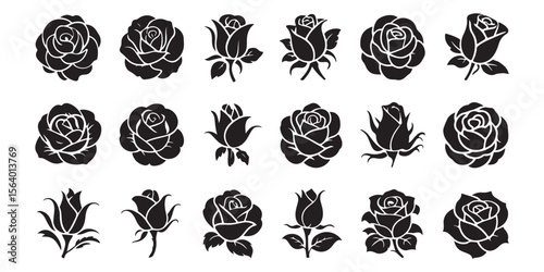 Elegant Collection of Rose Silhouette Illustrations A Variety of Floral Designs for Creative Projects and Decorative Purposes