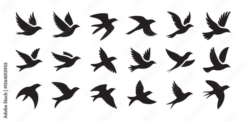 Obraz premium Silhouette Birds Soaring in Flight A Collection of Diverse Winged Creatures Portrayed in Black Against White Background