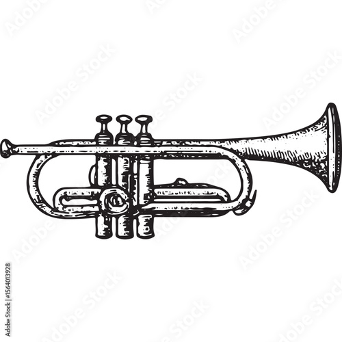 Explore this striking black-and-white trumpet illustration, perfect for jazz and music art collections