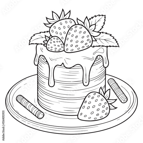 A decadent layered cake with strawberries, chocolate drizzle, and wafer sticks isolated on white background