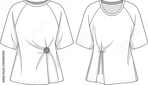 Gathered front t-shirt flat sketch – ruched detail with ring or tie, short sleeves, fashion technical drawing