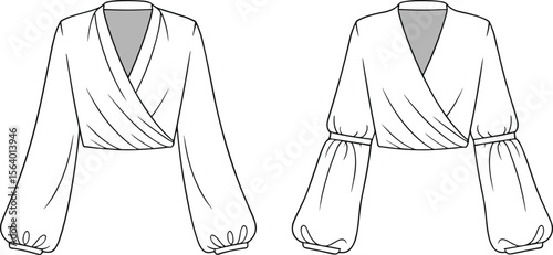 Wrap blouse fashion flat sketch with bishop sleeves – front views of two crossover tops with gathered details