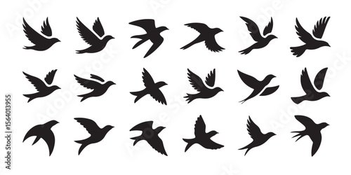 Silhouette Birds Soaring in Flight A Collection of Diverse Winged Creatures Portrayed in Black Against White Background