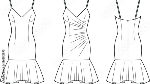 Mermaid-style spaghetti strap dress fashion flat sketch – front, side, and back views with panel and pleat details