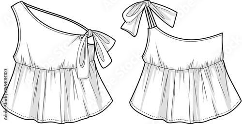 Asymmetric one-shoulder top with bow tie and flared hem – fashion flat sketch