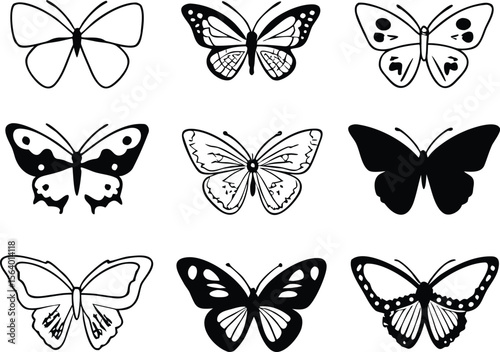 Collection of nine diverse butterfly illustrations in black and white
