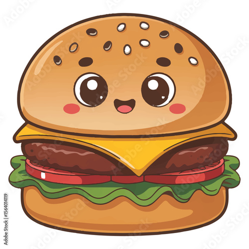 A cute cartoon hamburger with a smiling face, cheese, tomato, and lettuce isolated on white background