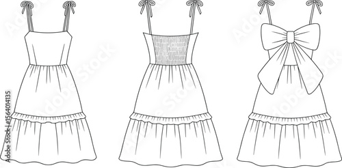 Tiered sundress fashion flat – tie straps, smocked back, bow detail