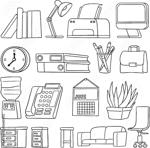 A versatile collection of hand-drawn office and home workspace icons. This set includes essential elements like books, a desk lamp, printer, monitor, clock, folders, stationery, briefcase.