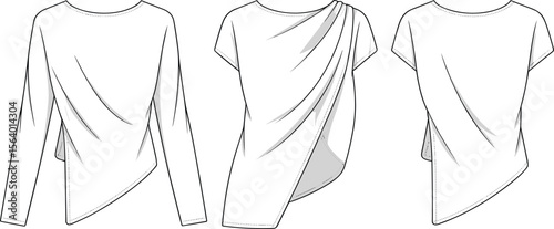 Asymmetric draped top fashion flat – women’s technical illustration with layered hem and sleeve variations