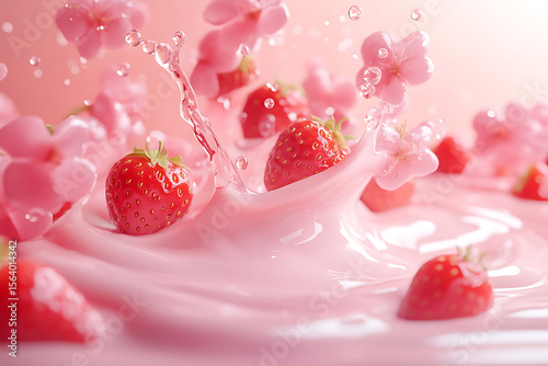 Strawberries splashing into pink cream with delicate cherry blossoms adding a touch of spring